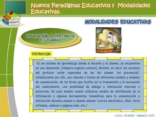 Nuevos Paradigmas Educativos y Modalidades
Educativas.
modalidades educativas
Educación a distancia
e-learnig
Es un sistema de aprendizaje donde el docente y el alumno, se encuentran
en una dimensión [témporo-espacio-cultural] distinta, es decir las acciones
del profesor están separadas de las del alumno (no presencial),
estableciendo por ello, una relación a través de diferentes medios y modelos
de comunicación, de tal forma que facilite así la transmisión y la recreación
del conocimiento, con posibilidad de diálogo e interacción síncrona o
asíncrona. En este modelo suelen utilizarse medios de distribución de la
información y algunas herramientas telemáticas para la comunicación e
interacción docente-alumno y alumno-alumno (correo electrónico, Chat, foros
virtuales, enlaces a páginas web, etc.)
definición
Licda. Desirée Jiménez-2010
 