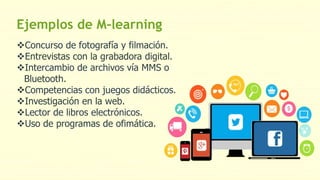 Ejemplos de M-learning
Concurso de fotografía y filmación.
Entrevistas con la grabadora digital.
Intercambio de archivos vía MMS o
Bluetooth.
Competencias con juegos didácticos.
Investigación en la web.
Lector de libros electrónicos.
Uso de programas de ofimática.
 