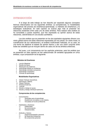Modalidades de enseñanza centradas en el desarrollo de competencias




INTRODUCCIÓN

        A lo largo de este trabajo se han descrito por separado algunos conceptos
teóricos relacionados con los siguientes ámbitos: a) competencias, b) modalidades
organizativas del proceso de enseñanza-aprendizaje, c) métodos de enseñanza y d)
estrategias evaluativas. En este capítulo se avanza algo más al presentar las
relaciones existentes entre cada uno de estos ámbitos. Para realizar este análisis se
ha consultado a jueces expertos, que han expresado su opinión acerca de estas
relaciones, valorándolas en una escala cuantitativa.

        Los dos análisis que se presentan en los dos apartados siguientes ofrecen una
visión global acerca de estas relaciones expresadas por los jueces. En cierto modo, la
cuantificación de sus valoraciones y el análisis multivariado realizado, en su caso, es
una forma de objetivar el estado de opinión teórico y dar una visión conjunta entre
todas las variables que se incluyen dentro de cada uno de los ámbitos anteriores.

       Así pues, y en consonancia con los capítulos anteriores, para los análisis que
se presentan en este capítulo se han seleccionado 38 variables agrupadas en cinco
ámbitos, cuya composición es la siguiente:


        Métodos de Enseñanza

   1.    Lección Magistral.
   2.    Estudio de casos.
   3.    Resolución de problemas.
   4.    Aprendizaje basado en problemas.
   5.    Aprendizaje orientado a proyectos.
   6.    Aprendizaje cooperativo.
   7.    Contrato de aprendizaje.

         Modalidades Organizativas

   8.    Clases Teóricas /expositivas.
   9.    Seminarios/ Talleres.
   10.   Clases Prácticas.
   11.   Prácticas Externas.
   12.   Tutorías.
   13.   Estudio y trabajo en grupo.
   14.   Estudio y trabajo individual /autónomo.

         Componentes de las competencias

   -     Conocimientos:
         15.     Generales para el aprendizaje.
         16.     Académicos vinculados a una materia.
         17.     Vinculados al mundo profesional.

   -     Habilidades y Destrezas:
         18.      Intelectuales.
         19.      De comunicación.
         20.      Interpersonales.

   -     Actitudes y Valores:
         21.      Organización/gestión personal.
         22.      De desarrollo profesional.
         23.      De compromiso personal.




                                                   110
 