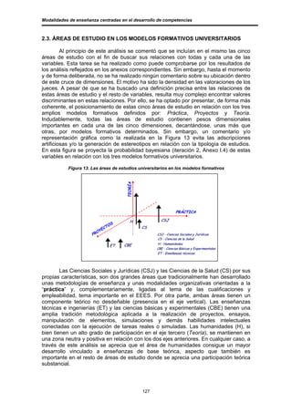 Modalidades de enseñanza centradas en el desarrollo de competencias



2.3. ÁREAS DE ESTUDIO EN LOS MODELOS FORMATIVOS UNIVERSITARIOS

         Al principio de este análisis se comentó que se incluían en el mismo las cinco
áreas de estudio con el fin de buscar sus relaciones con todas y cada una de las
variables. Esta tarea se ha realizado como puede comprobarse por los resultados de
los análisis reflejados en los anexos correspondientes. Sin embargo, hasta el momento
y de forma deliberada, no se ha realizado ningún comentario sobre su ubicación dentro
de este cruce de dimensiones. El motivo ha sido la densidad en las valoraciones de los
jueces. A pesar de que se ha buscado una definición precisa entre las relaciones de
estas áreas de estudio y el resto de variables, resulta muy complejo encontrar valores
discriminantes en estas relaciones. Por ello, se ha optado por presentar, de forma más
coherente, el posicionamiento de estas cinco áreas de estudio en relación con los tres
amplios modelos formativos definidos por: Práctica, Proyectos y Teoría.
Indudablemente, todas las áreas de estudio contienen pesos dimensionales
importantes en cada una de las cinco dimensiones, decantándose, unas más que
otras, por modelos formativos determinados. Sin embargo, un comentario y/o
representación gráfica como la realizada en la Figura 13 evita las adscripciones
artificiosas y/o la generación de estereotipos en relación con la tipología de estudios.
En esta figura se proyecta la probabilidad bayesiana (iteración 2, Anexo I.4) de estas
variables en relación con los tres modelos formativos universitarios.

           Figura 13. Las áreas de estudios universitarios en los modelos formativos




        Las Ciencias Sociales y Jurídicas (CSJ) y las Ciencias de la Salud (CS) por sus
propias características, son dos grandes áreas que tradicionalmente han desarrollado
unas metodologías de enseñanza y unas modalidades organizativas orientadas a la
“práctica” y, complementariamente, ligadas al tema de las cualificaciones y
empleabilidad, tema importante en el EEES. Por otra parte, ambas áreas tienen un
componente teórico no desdeñable (presencia en el eje vertical). Las enseñanzas
técnicas e ingenierías (ET) y las ciencias básicas y experimentales (CBE) tienen una
amplia tradición metodológica aplicada a la realización de proyectos, ensayos,
manipulación de elementos, simulaciones y demás habilidades intelectuales
conectadas con la ejecución de tareas reales o simuladas. Las humanidades (H), si
bien tienen un alto grado de participación en el eje tercero (Teoría), se mantienen en
una zona neutra y positiva en relación con los dos ejes anteriores. En cualquier caso, a
través de este análisis se aprecia que el área de humanidades consigue un mayor
desarrollo vinculado a enseñanzas de base teórica, aspecto que también es
importante en el resto de áreas de estudio donde se aprecia una participación teórica
substancial.




                                             127
 