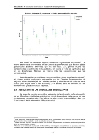 Modalidades de enseñanza centradas en el desarrollo de competencias



                        Gráfico 2. Intervalos de confianza al 95% para las competencias por áreas
                                                                                                                                            conocimientos
                                                                                                                                            procedimientos
                                                                                                                                            actitudes

                50




                40
       95% IC




                30




                20




                     Ciencias Experimentales   Ciencias Sociales y Jurídicas   Ciencias de la Salud     Humanidades   Enseñanzas Técnicas

                                                                                   Àrea



       Por áreas6 se observan algunas diferencias significativas importantes7. La
mayor diferencia la encontramos en las Ciencias Experimentales, que da unos pesos
porcentuales bastante diferentes que los del resto. Así, priman mucho los
conocimientos en detrimento de las actitudes. En cuanto al resto, es significativo que
en las Enseñanzas Técnicas se valoren más los procedimientos que los
conocimientos.

       Además podríamos establecer tres grupos diferenciados entre las cinco áreas8,
el primero estaría conformado únicamente por las Ciencias Experimentales; el
segundo estaría formado por las Ciencias Sociales y Jurídicas con las Ciencias de la
Salud (dan mayor valor a las actitudes); y el tercero sería el formado por las
Humanidades y las Enseñanzas Técnicas.

2.2. ADECUACIÓN DE LAS MODALIDADES ORGANIZATIVAS

       La segunda cuestión sometida a valoración del profesorado es la adecuación
de las diferentes modalidades organizativas con el desarrollo de cada uno de los tres
componentes competenciales. Para ello se ha seleccionado una escala tipo Likert con
5 opciones (1:Nada adecuado – 5:Muy adecuado).




6
  En el gráfico por áreas de este apartado los intervalos de los conocimientos están marcados con un círculo, los de
procedimientos con un cuadrado y los de las actitudes con un rombo.
7
  Se han realizado la prueba H de Kruskal-Wallis para muestras independientes, encontrando diferencias significativas
entre las áreas en las tres variables.
8
  También se ha realizado la prueba de U de Mann-Withney entre los pares para establecer los grupos que proponen,
de manera que no existen diferencias significativas entre las áreas que los componen en ninguna de las variables.


                                                                                                      133
 