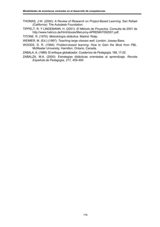 Modalidades de enseñanza centradas en el desarrollo de competencias



THOMAS, J.W. (2000): A Review of Research on Project-Based Learning. San Rafael
      (California): The Autodesk Foundation.
TIPPELT, R. Y LINDEMANN, H. (2001): El Método de Proyectos. Consulta de 2001 de
      http://www.halinco.de/html/doces/Met-proy-APREMAT092001.pdf.
TITONE, R. (1970): Metodología didáctica. Madrid: Rialp.
WEIMER, M. (Ed.) (1987): Teaching large classes well. London: Jossey-Bass.
WOODS, D. R. (1994): Problem-based learning: How to Gain the Most from PBL.
      McMaster University, Hamilton, Ontario, Canada.
ZABALA, A. (1989): El enfoque globalizador. Cuadernos de Pedagogía, 168, 17-22.
ZABALZA, M.A. (2000): Estrategias didácticas orientadas al aprendizaje. Revista
      Española de Pedagogía, 217, 459-490.




                                                 178
 
