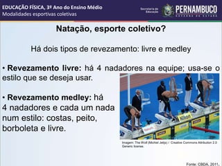 Natação, esporte coletivo?
Há dois tipos de revezamento: livre e medley
• Revezamento livre: há 4 nadadores na equipe; usa-se o
estilo que se deseja usar.
• Revezamento medley: há
4 nadadores e cada um nada
num estilo: costas, peito,
borboleta e livre.
Fonte: CBDA, 2011.
EDUCAÇÃO FÍSICA, 3º Ano do Ensino Médio
Modalidades esportivas coletivas
Imagem: The Wolf (Michiel Jelijs) / Creative Commons Attribution 2.0
Generic license.
 