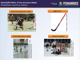 EDUCAÇÃO FÍSICA, 3º Ano do Ensino Médio
Modalidades esportivas coletivas
Stick “taco”
Domínio de bola com o stick
Preparação para o chute Defesa do goleiro
Imagem:
Fanny
Schertzer
/
GNU
Free
Documentation
License.
Imagem:
Tibaexpo
/
public
domain.
Imagem:
Tibaexpo
/
public
domain.
Imagem:
Autor
desconhecido
/
disponibilizado
por
Roosterfan
/
GNU
Free
Documentation
License.
 