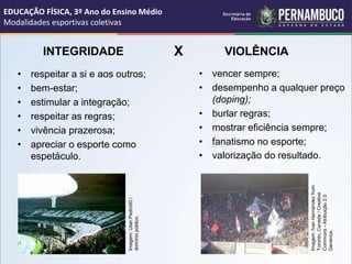 INTEGRIDADE
• respeitar a si e aos outros;
• bem-estar;
• estimular a integração;
• respeitar as regras;
• vivência prazerosa;
• apreciar o esporte como
espetáculo.
VIOLÊNCIA
• vencer sempre;
• desempenho a qualquer preço
(doping);
• burlar regras;
• mostrar eficiência sempre;
• fanatismo no esporte;
• valorização do resultado.
X
EDUCAÇÃO FÍSICA, 3º Ano do Ensino Médio
Modalidades esportivas coletivas
Imagem:
User:Pedro00
/
domínio
público.
Imagem:
Ivan
Hernández
from
Toronto,
Canada
/
Creative
Commons
-
Atribuição
2.0
Genérica.
 