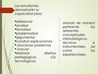 Los estudiantes
demostrarán su
capacidad para:
reflexionar
analizar
tematizar
problematizar
argumentar
construir explicaciones
 solucionar problemas
 innovar
elaborar diseños
pedagógicos y/o
tecnológicos.
Usando de manera
pertinente los
referentes
conceptuales,
metodológicos,
técnicos e
instrumentales así
como los
experienciales.
 