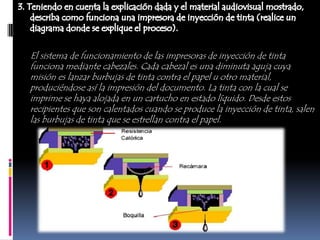El sistema de funcionamiento de las impresoras de inyección de tinta
funciona mediante cabezales. Cada cabezal es una diminuta aguja cuya
misión es lanzar burbujas de tinta contra el papel u otro material,
produciéndose así la impresión del documento. La tinta con la cual se
imprime se haya alojada en un cartucho en estado líquido. Desde estos
recipientes que son calentados cuando se produce la inyección de tinta, salen
las burbujas de tinta que se estrellan contra el papel.
 