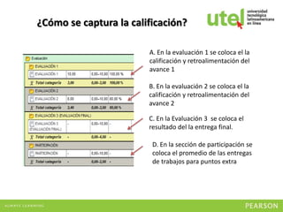 ¿Cómo se captura la calificación?

                        A. En la evaluación 1 se coloca el la
                        calificación y retroalimentación del
                        avance 1

                        B. En la evaluación 2 se coloca el la
                        calificación y retroalimentación del
                        avance 2

                        C. En la Evaluación 3 se coloca el
                        resultado del la entrega final.

                         D. En la sección de participación se
                         coloca el promedio de las entregas
                         de trabajos para puntos extra
 
