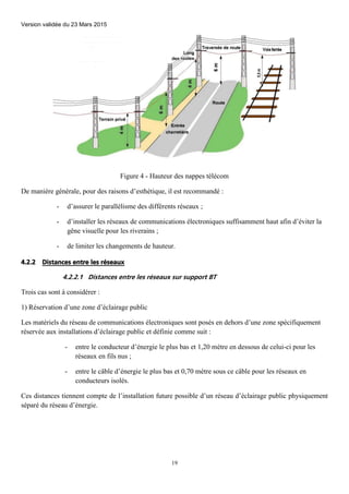 Version validée du 23 Mars 2015
19
Figure 4 - Hauteur des nappes télécom
De manière générale, pour des raisons d’esthétique, il est recommandé :
- d’assurer le parallélisme des différents réseaux ;
- d’installer les réseaux de communications électroniques suffisamment haut afin d’éviter la
gêne visuelle pour les riverains ;
- de limiter les changements de hauteur.
4.2.2 Distances entre les réseaux
4.2.2.1 Distances entre les réseaux sur support BT
Trois cas sont à considérer :
1) Réservation d’une zone d’éclairage public
Les matériels du réseau de communications électroniques sont posés en dehors d’une zone spécifiquement
réservée aux installations d’éclairage public et définie comme suit :
- entre le conducteur d’énergie le plus bas et 1,20 mètre en dessous de celui-ci pour les
réseaux en fils nus ;
- entre le câble d’énergie le plus bas et 0,70 mètre sous ce câble pour les réseaux en
conducteurs isolés.
Ces distances tiennent compte de l’installation future possible d’un réseau d’éclairage public physiquement
séparé du réseau d’énergie.
 