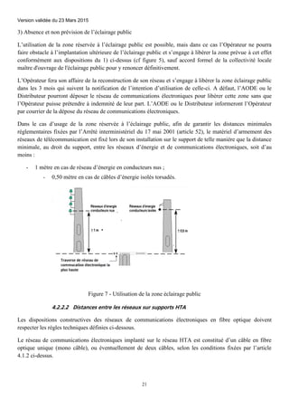 Version validée du 23 Mars 2015
21
3) Absence et non prévision de l’éclairage public
L’utilisation de la zone réservée à l’éclairage public est possible, mais dans ce cas l’Opérateur ne pourra
faire obstacle à l’implantation ultérieure de l’éclairage public et s’engage à libérer la zone prévue à cet effet
conformément aux dispositions du 1) ci-dessus (cf figure 5), sauf accord formel de la collectivité locale
maître d'ouvrage de l'éclairage public pour y renoncer définitivement.
L’Opérateur fera son affaire de la reconstruction de son réseau et s’engage à libérer la zone éclairage public
dans les 3 mois qui suivent la notification de l’intention d’utilisation de celle-ci. A défaut, l’AODE ou le
Distributeur pourront déposer le réseau de communications électroniques pour libérer cette zone sans que
l’Opérateur puisse prétendre à indemnité de leur part. L’AODE ou le Distributeur informeront l’Opérateur
par courrier de la dépose du réseau de communications électroniques.
Dans le cas d’usage de la zone réservée à l’éclairage public, afin de garantir les distances minimales
réglementaires fixées par l’Arrêté interministériel du 17 mai 2001 (article 52), le matériel d’armement des
réseaux de télécommunication est fixé lors de son installation sur le support de telle manière que la distance
minimale, au droit du support, entre les réseaux d’énergie et de communications électroniques, soit d’au
moins :
- 1 mètre en cas de réseau d’énergie en conducteurs nus ;
- 0,50 mètre en cas de câbles d’énergie isolés torsadés.
Figure 7 - Utilisation de la zone éclairage public
4.2.2.2 Distances entre les réseaux sur supports HTA
Les dispositions constructives des réseaux de communications électroniques en fibre optique doivent
respecter les règles techniques définies ci-dessous.
Le réseau de communications électroniques implanté sur le réseau HTA est constitué d’un câble en fibre
optique unique (mono câble), ou éventuellement de deux câbles, selon les conditions fixées par l’article
4.1.2 ci-dessus.
 