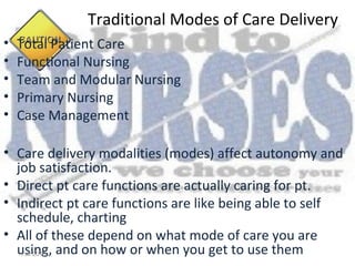 Traditional Modes of Care Delivery
•   Total Patient Care
•   Functional Nursing
•   Team and Modular Nursing
•   Primary Nursing
•   Case Management

• Care delivery modalities (modes) affect autonomy and
  job satisfaction.
• Direct pt care functions are actually caring for pt.
• Indirect pt care functions are like being able to self
  schedule, charting
• All of these depend on what mode of care you are
  using, and on how or when you get to use them
    Fall 2010
 