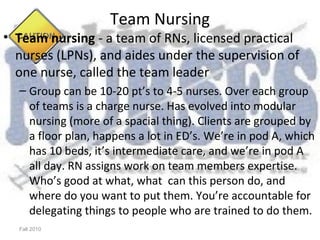 Team Nursing
• Team nursing - a team of RNs, licensed practical
  nurses (LPNs), and aides under the supervision of
  one nurse, called the team leader
  – Group can be 10-20 pt’s to 4-5 nurses. Over each group
    of teams is a charge nurse. Has evolved into modular
    nursing (more of a spacial thing). Clients are grouped by
    a floor plan, happens a lot in ED’s. We’re in pod A, which
    has 10 beds, it’s intermediate care, and we’re in pod A
    all day. RN assigns work on team members expertise.
    Who’s good at what, what can this person do, and
    where do you want to put them. You’re accountable for
    delegating things to people who are trained to do them.
  Fall 2010
 