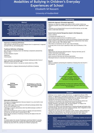 This poster examines where bullying exists in children’s everyday experiences of school.  Observations, focus groups and individual interviews were conducted in state schools, a private school and a pupil referral unit. A postmodernist perspective is used to problematise the concept of bullying and examine it from a broader perspective than most current definitions do, which distinguish the concept of bullying as a specific form of aggression, experienced by a minority.  Rather, bullying is examined as multiple modalities of maltreatment that are experienced to some extent by all pupils and teachers.  Teachers were found to be not separate from bullying processes but part of the everyday experiences and interactions in school which contribute to endemic bullying.  Modalities of Bullying in Children’s Everyday Experiences of School Elizabeth M Nassem University of Huddersfield Methodology  Positivistic Approach (Prevalent Approach)  ,[object Object]