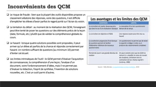 Inconvénients des QCM
 Le risque de fraude : bien que la plupart des outils disponibles propose un
classement aléatoire des réponses, voire des questions, il est difficile
d’empêcher les élèves d’avoir parfois le regard porté sur l’écran du voisin.
 La tentation du détail : au moment de la réalisation des QCM, l’enseignant
peut être tenté de poser les questions sur des éléments précis de la leçon
(date, formule, etc.) plutôt que de valider la compréhension globale du
cours.
 Le hasard : lorsque quatre solutions possibles sont proposées, il peut
arriver qu’un élève ait parfois de la chance et réponde correctement par
hasard. Un nombre suffisant de questions (au minimum 10) permet
d’éviter cet écueil.
 Les limites intrinsèques de l’outil : le QCM permet d’évaluer l’acquisition
de connaissances, la compréhension d’une leçon, l’analyse d’un
document, voire l’ordonnancement d’idées, mais il ne permet pas
d’évaluer la rédaction, l’esprit de synthèse, l’invention de solutions
nouvelles, etc. C’est un outil parmi d’autres.
Source : Kelly Moraes, Le questionnaire a choix multiples, 2014
 