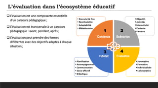 L’évaluation dans l’écosystème éducatif
 L’évaluation est une composante essentielle
d’un parcours pédagogique ;
 L’évaluation est transversale à un parcours
pédagogique : avant, pendant, après ;
 L’évaluation peut prendre des formes
différentes avec des objectifs adaptés à chaque
situation ;
 