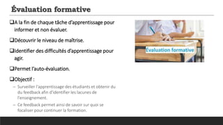 Évaluation formative
A la fin de chaque tâche d’apprentissage pour
informer et non évaluer.
Découvrir le niveau de maîtrise.
Identifier des difficultés d’apprentissage pour
agir.
Permet l’auto-évaluation.
Objectif :
─ Surveiller l'apprentissage des étudiants et obtenir du
du feedback afin d'identifier les lacunes de
l'enseignement.
─ Ce feedback permet ainsi de savoir sur quoi se
focaliser pour continuer la formation.
 
