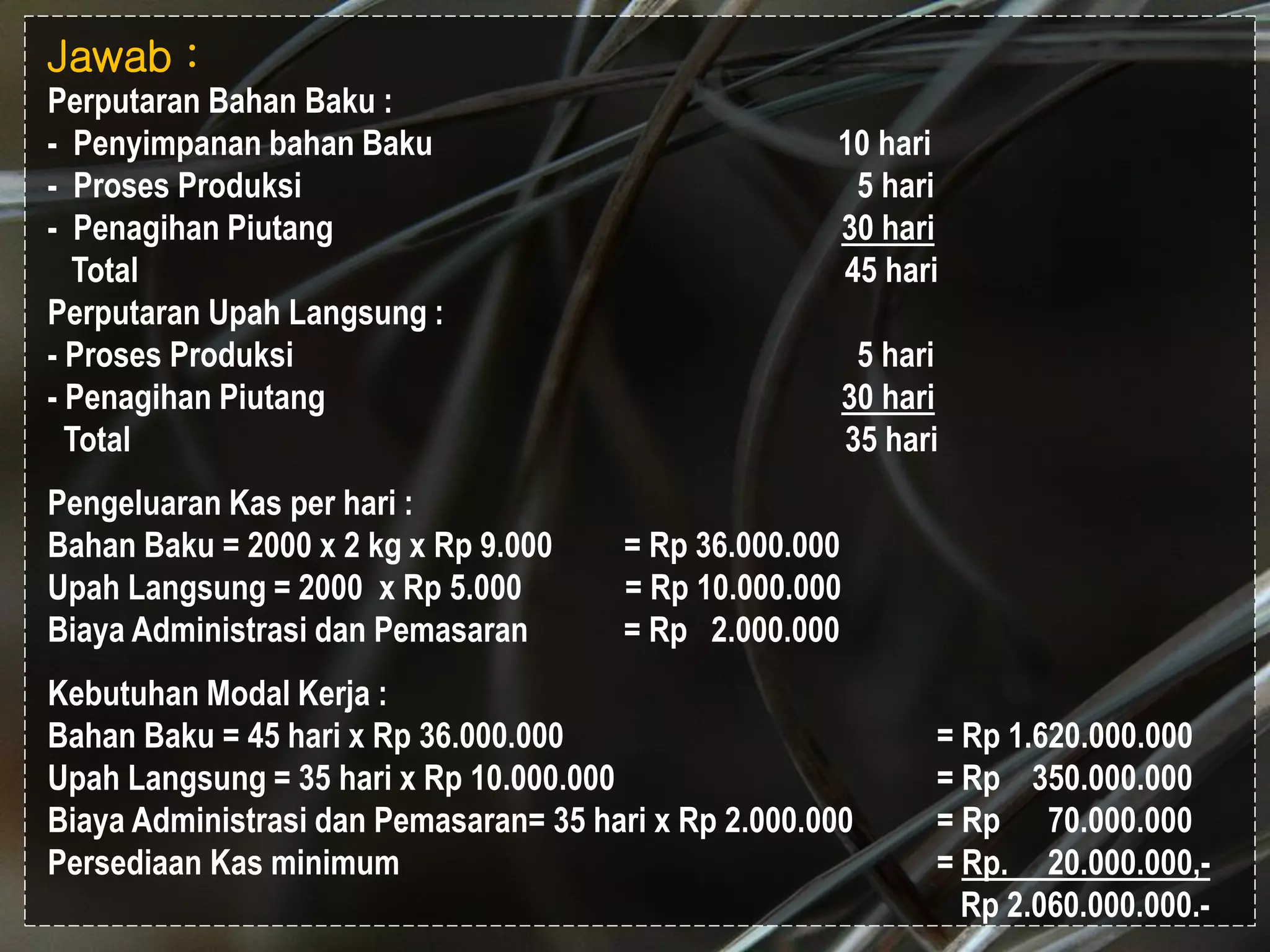 #
Jawab :
Perputaran Bahan Baku :
- Penyimpanan bahan Baku 10 hari
- Proses Produksi 5 hari
- Penagihan Piutang 30 hari
Total 45 hari
Perputaran Upah Langsung :
- Proses Produksi 5 hari
- Penagihan Piutang 30 hari
Total 35 hari
Pengeluaran Kas per hari :
Bahan Baku = 2000 x 2 kg x Rp 9.000 = Rp 36.000.000
Upah Langsung = 2000 x Rp 5.000 = Rp 10.000.000
Biaya Administrasi dan Pemasaran = Rp 2.000.000
Kebutuhan Modal Kerja :
Bahan Baku = 45 hari x Rp 36.000.000 = Rp 1.620.000.000
Upah Langsung = 35 hari x Rp 10.000.000 = Rp 350.000.000
Biaya Administrasi dan Pemasaran= 35 hari x Rp 2.000.000 = Rp 70.000.000
Persediaan Kas minimum = Rp. 20.000.000,-
Rp 2.060.000.000.-
 