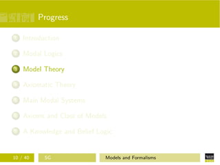 Progress
1 Introduction
2 Modal Logics
3 Model Theory
4 Axiomatic Theory
5 Main Modal Systems
6 Axioms and Class of Models
7 A Knowledge and Belief Logic
10 / 40 SG Models and Formalisms
 