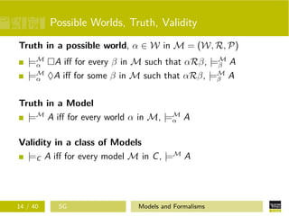 Possible Worlds, Truth, Validity
Truth in a possible world, α ∈ W in M = (W, R, P)
|=M
α A iﬀ for every β in M such that αRβ, |=M
β A
|=M
α ♦A iﬀ for some β in M such that αRβ, |=M
β A
Truth in a Model
|=M
A iﬀ for every world α in M, |=M
α A
Validity in a class of Models
|=C A iﬀ for every model M in C, |=M
A
14 / 40 SG Models and Formalisms
 