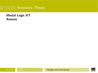 Axiomatic Theory
Modal Logic KT
Axioms
16 / 40 SG Models and Formalisms
 