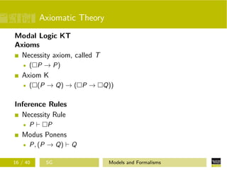Axiomatic Theory
Modal Logic KT
Axioms
Necessity axiom, called T
( P → P)
Axiom K
( (P → Q) → ( P → Q))
Inference Rules
Necessity Rule
P P
Modus Ponens
P, (P → Q) Q
16 / 40 SG Models and Formalisms
 
