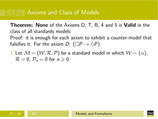 Axioms and Class of Models
Theorem: None of the Axioms D, T, B, 4 and 5 is Valid in the
class of all standards models
Proof: it is enough for each axiom to exhibit a counter-model that
falsiﬁes it. For the axiom D: ( P → ♦P):
1 Let M = (W, R, P) be a standard model in which W = {α},
R = ∅, Pn = ∅ for n 0
23 / 40 SG Models and Formalisms
 