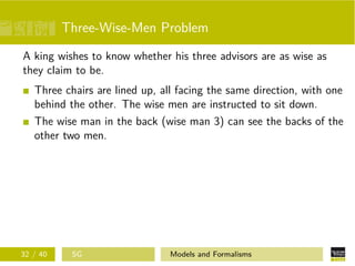 Three-Wise-Men Problem
A king wishes to know whether his three advisors are as wise as
they claim to be.
Three chairs are lined up, all facing the same direction, with one
behind the other. The wise men are instructed to sit down.
The wise man in the back (wise man 3) can see the backs of the
other two men.
32 / 40 SG Models and Formalisms
 