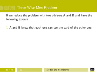 Three-Wise-Men Problem
If we reduce the problem with two advisors A and B and have the
following axioms:
1 A and B know that each one can see the card of the other one
36 / 40 SG Models and Formalisms
 