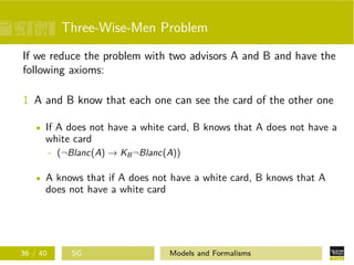 Three-Wise-Men Problem
If we reduce the problem with two advisors A and B and have the
following axioms:
1 A and B know that each one can see the card of the other one
If A does not have a white card, B knows that A does not have a
white card
- (¬Blanc(A) → KB¬Blanc(A))
A knows that if A does not have a white card, B knows that A
does not have a white card
36 / 40 SG Models and Formalisms
 