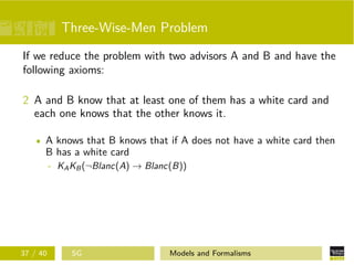 Three-Wise-Men Problem
If we reduce the problem with two advisors A and B and have the
following axioms:
2 A and B know that at least one of them has a white card and
each one knows that the other knows it.
A knows that B knows that if A does not have a white card then
B has a white card
- KAKB(¬Blanc(A) → Blanc(B))
37 / 40 SG Models and Formalisms
 
