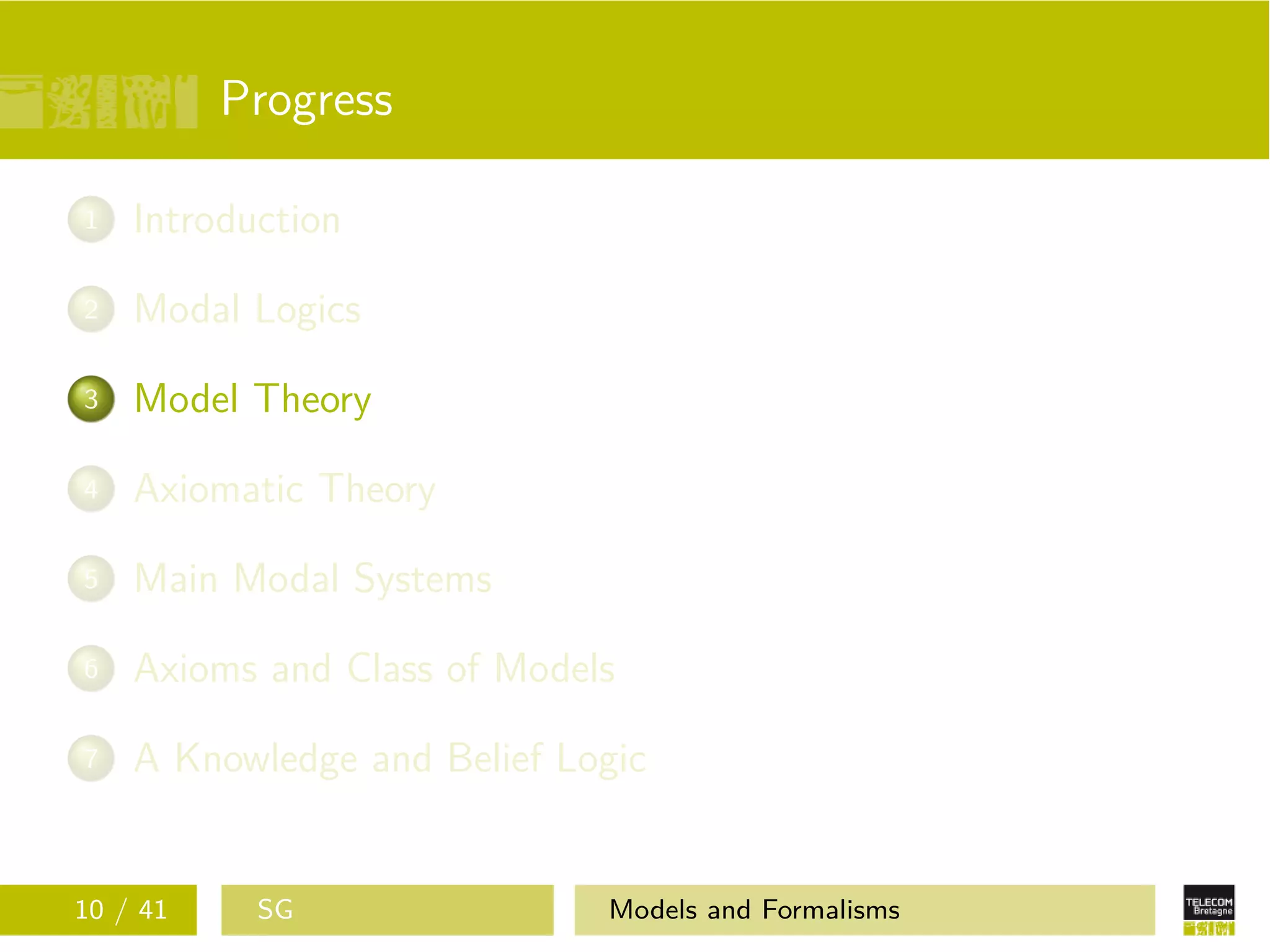 Progress
1 Introduction
2 Modal Logics
3 Model Theory
4 Axiomatic Theory
5 Main Modal Systems
6 Axioms and Class of Models
7 A Knowledge and Belief Logic
10 / 41 SG Models and Formalisms
 
