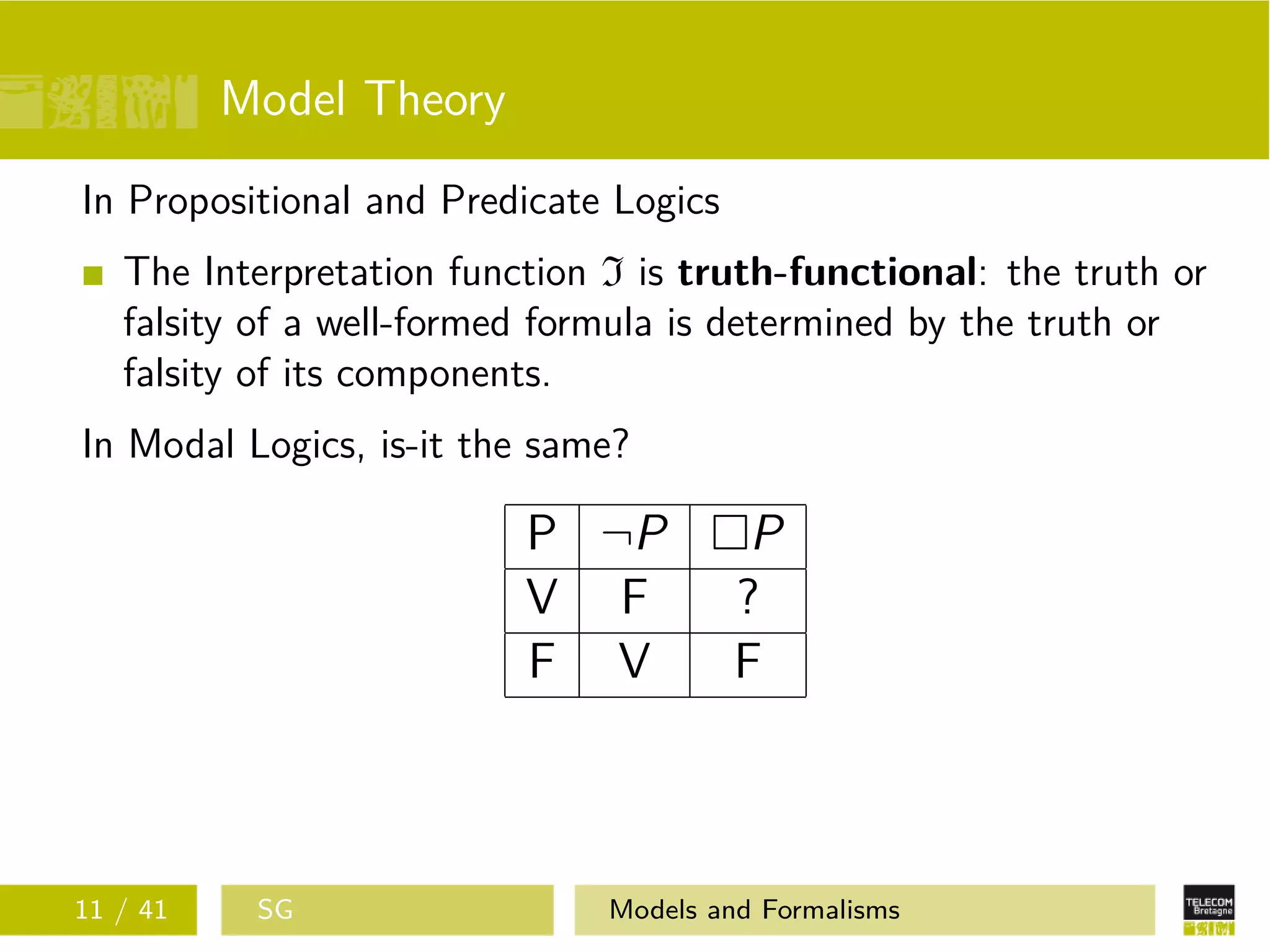 Model Theory
In Propositional and Predicate Logics
The Interpretation function I is truth-functional: the truth or
falsity of a well-formed formula is determined by the truth or
falsity of its components.
In Modal Logics, is-it the same?
P ¬P P
V F ?
F V F
11 / 41 SG Models and Formalisms
 