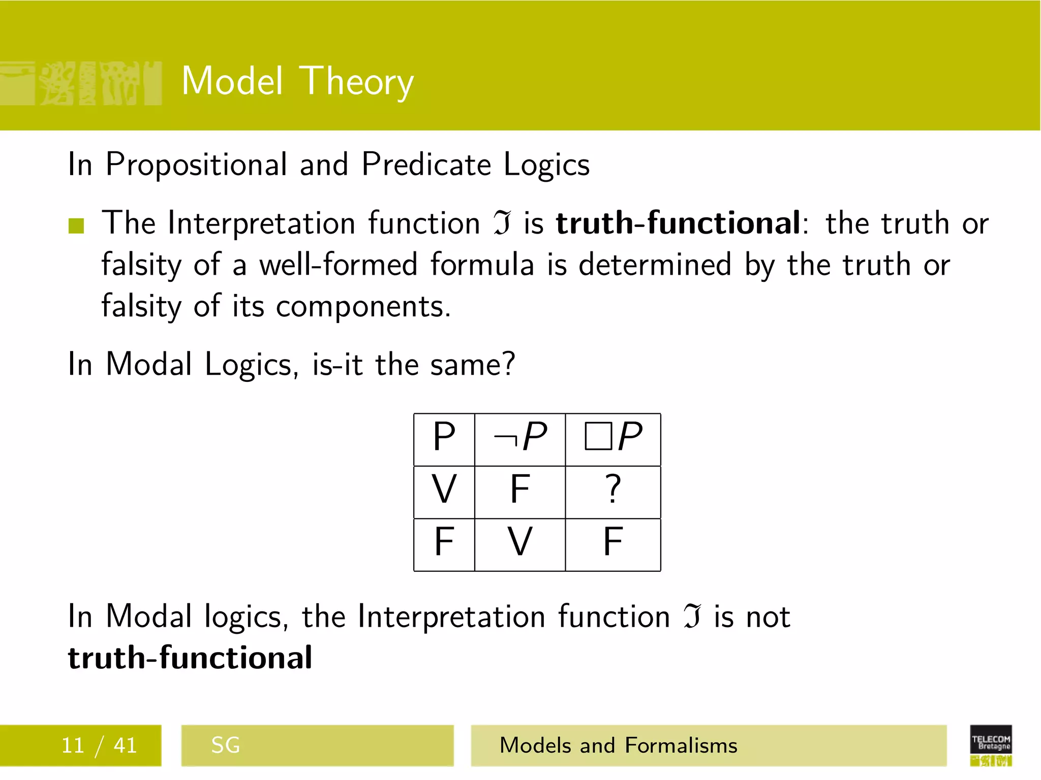 Model Theory
In Propositional and Predicate Logics
The Interpretation function I is truth-functional: the truth or
falsity of a well-formed formula is determined by the truth or
falsity of its components.
In Modal Logics, is-it the same?
P ¬P P
V F ?
F V F
In Modal logics, the Interpretation function I is not
truth-functional
11 / 41 SG Models and Formalisms
 