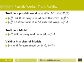 Possible Worlds, Truth, Validity
Truth in a possible world, α ∈ W in M = (W, R, P)
|=M
α A iﬀ for every β in M such that αRβ, |=M
β A
|=M
α ♦A iﬀ for some β in M such that αRβ, |=M
β A
Truth in a Model
|=M
A iﬀ for every world α in M, |=M
α A
Validity in a class of Models
|=C A iﬀ for every model M in C, |=M
A
14 / 41 SG Models and Formalisms
 