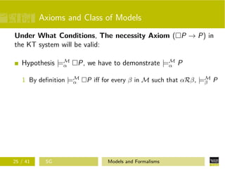 Axioms and Class of Models
Under What Conditions, The necessity Axiom ( P → P) in
the KT system will be valid:
Hypothesis |=M
α P, we have to demonstrate |=M
α P
1 By deﬁnition |=M
α P iﬀ for every β in M such that αRβ, |=M
β P
25 / 41 SG Models and Formalisms
 