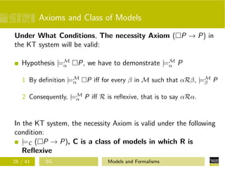 Axioms and Class of Models
Under What Conditions, The necessity Axiom ( P → P) in
the KT system will be valid:
Hypothesis |=M
α P, we have to demonstrate |=M
α P
1 By deﬁnition |=M
α P iﬀ for every β in M such that αRβ, |=M
β P
2 Consequently, |=M
α P iﬀ R is reﬂexive, that is to say αRα.
In the KT system, the necessity Axiom is valid under the following
condition:
|=C ( P → P), C is a class of models in which R is
Reﬂexive
25 / 41 SG Models and Formalisms
 