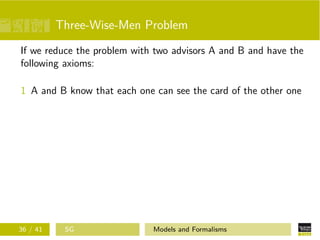 Three-Wise-Men Problem
If we reduce the problem with two advisors A and B and have the
following axioms:
1 A and B know that each one can see the card of the other one
36 / 41 SG Models and Formalisms
 