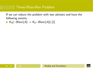 Three-Wise-Men Problem
If we can reduce the problem with two advisors and have the
following axioms:
KA(¬Blanc(A) → KB¬Blanc(A)) [1]
38 / 41 SG Models and Formalisms
 