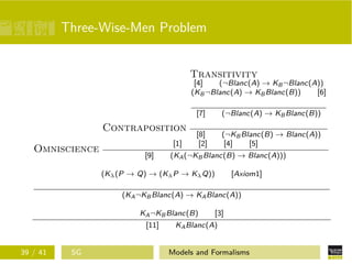 Three-Wise-Men Problem
Omniscience
Contraposition
Transitivity
[4] (¬Blanc(A) → KB¬Blanc(A))
(KB¬Blanc(A) → KBBlanc(B)) [6]
[7] (¬Blanc(A) → KBBlanc(B))
[8] (¬KBBlanc(B) → Blanc(A))
[1] [2] [4] [5]
[9] (KA(¬KBBlanc(B) → Blanc(A)))
(Kλ(P → Q) → (KλP → KλQ)) [Axiom1]
(KA¬KBBlanc(A) → KABlanc(A))
KA¬KBBlanc(B) [3]
[11] KABlanc(A)
39 / 41 SG Models and Formalisms
 