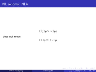 NL axioms: NL4
( p ∨ ¬ p)
does not mean
p ∨ ¬ p
William Heartspring modal logic NL July 14, 2019 (ver 1.0) 18 / 27
 