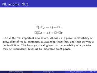 NL axioms: NL3
(¬ p → ⊥) → p
( p → ⊥) → ¬ p
This is the real important new axiom. Allows us to prove unprovability or
provability of modal sentences by assuming them ﬁrst, and then deriving a
contradiction. This heavily critical, given that unprovability of a paradox
may be unprovable. Gives us an important proof power.
William Heartspring modal logic NL July 14, 2019 (ver 1.0) 19 / 27
 
