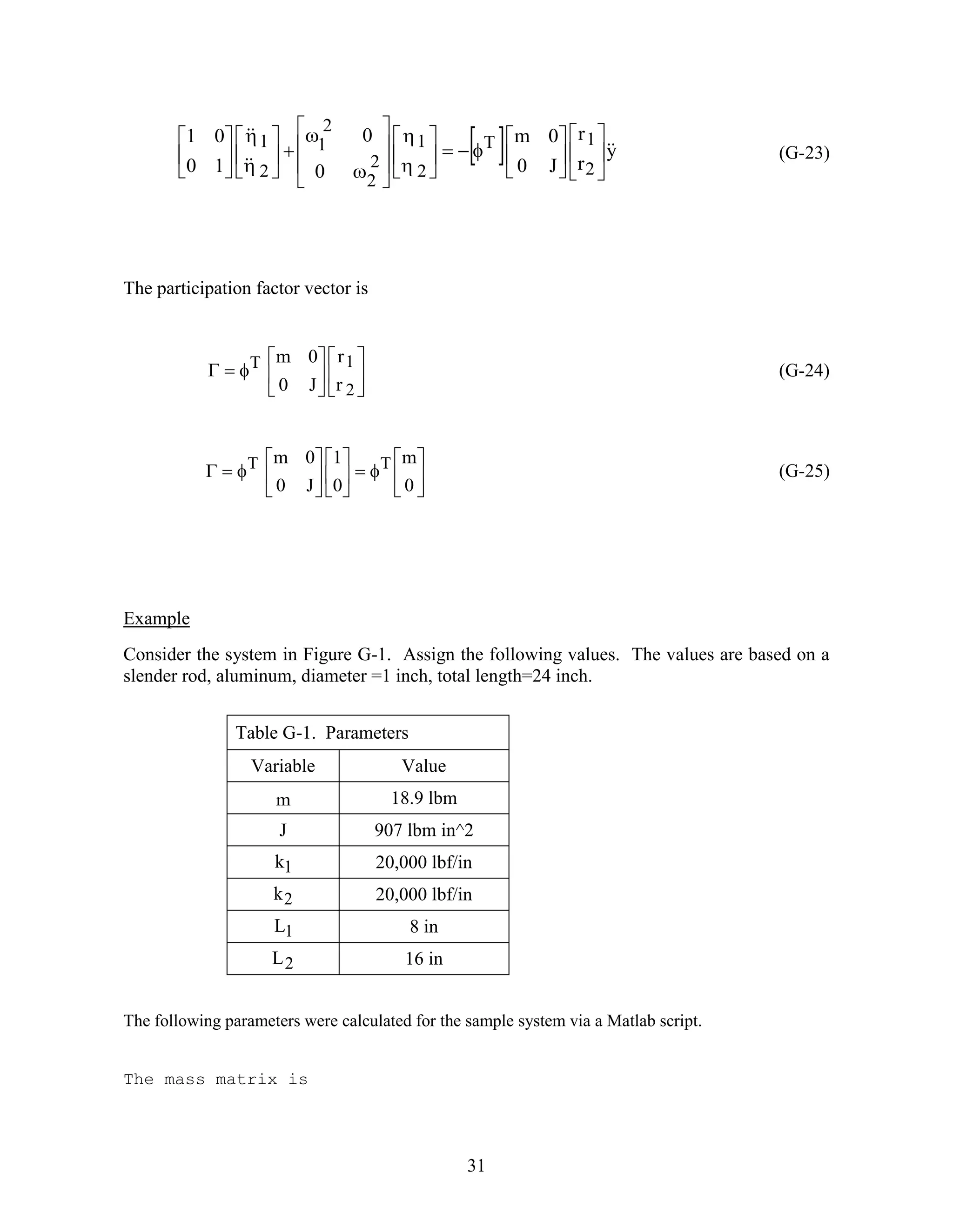 31
  y
r
r
J0
0m
0
0
10
01
2
1T
2
1
2
2
2
1
2
1 














































(G-23)
The participation factor vector is













2
1T
r
r
J0
0m
(G-24)



















0
m
0
1
J0
0m TT (G-25)
Example
Consider the system in Figure G-1. Assign the following values. The values are based on a
slender rod, aluminum, diameter =1 inch, total length=24 inch.
Table G-1. Parameters
Variable Value
m 18.9 lbm
J 907 lbm in^2
1k 20,000 lbf/in
2k 20,000 lbf/in
1L 8 in
2L 16 in
The following parameters were calculated for the sample system via a Matlab script.
The mass matrix is
 