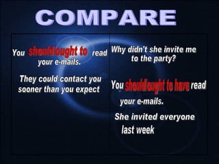 COMPARE sooner than you expect They could contact you  should/ought to your e-mails. She invited everyone  should/ought to have Why didn't she invite me  to the party? last week You  read your e-mails. You  read 