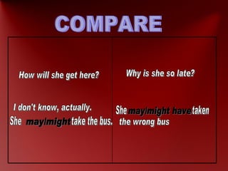 COMPARE How will she get here? I don't know, actually. She  take the bus. may/might Why is she so late? She  taken may/might have the wrong bus 