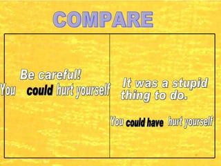 COMPARE Be careful! You  hurt yourself could It was a stupid  You  hurt yourself could have thing to do. 