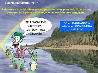 CONDICIONAL “IF” Refere-se a uma hipótese pouco provável, mas possível; No entanto, para que tal hipótese aconteça, é necessário uma  condição.   SE eu GANHASSE a loteria, eu COMPRARIA esta ilha! IF I WON THE  LOTTERY,  I’D BUY THIS ISLAND! 