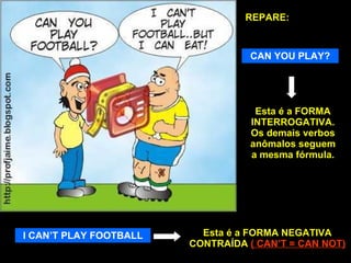 REPARE: CAN YOU PLAY? Esta é a FORMA INTERROGATIVA. Os demais verbos anômalos seguem a mesma fórmula. I CAN’T PLAY FOOTBALL Esta é a FORMA NEGATIVA CONTRAÍDA  ( CAN’T = CAN NOT) 