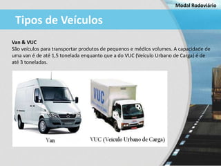 Modal Rodoviário


 Tipos de Veículos
Van & VUC
São veículos para transportar produtos de pequenos e médios volumes. A cap...
