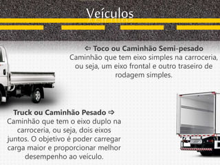 Veículos
 Toco ou Caminhão Semi-pesado
Caminhão que tem eixo simples na carroceria,
ou seja, um eixo frontal e outro traseiro de
rodagem simples.
Truck ou Caminhão Pesado 
Caminhão que tem o eixo duplo na
carroceria, ou seja, dois eixos
juntos. O objetivo é poder carregar
carga maior e proporcionar melhor
desempenho ao veículo.
 
