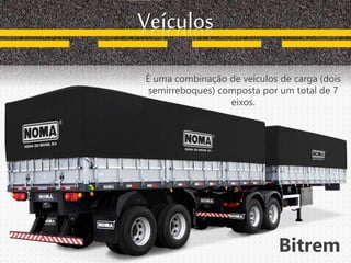 Veículos
É uma combinação de veículos de carga (dois
semirreboques) composta por um total de 7
eixos.
Bitrem
 